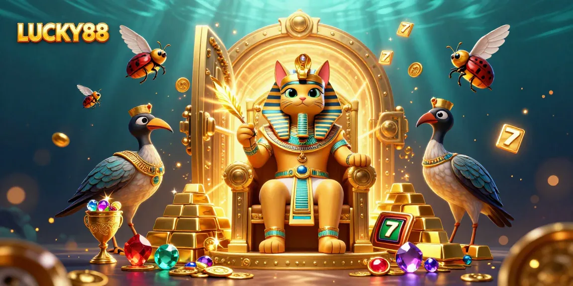 Play LUCKY88 slots with a vibrant casino-themed illustration featuring pharaoh and treasures.