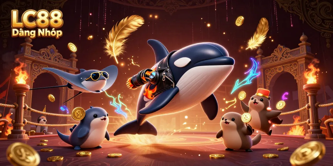 Engage in thrilling gameplay with LC88 Đăng Nhập as vibrant cartoon characters jump amid gold coins and casino elements.