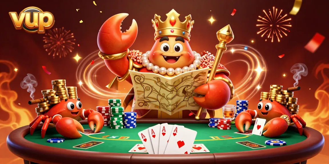 Engage in winning strategies with vup at a vibrant casino scene featuring a golden crab emperor.