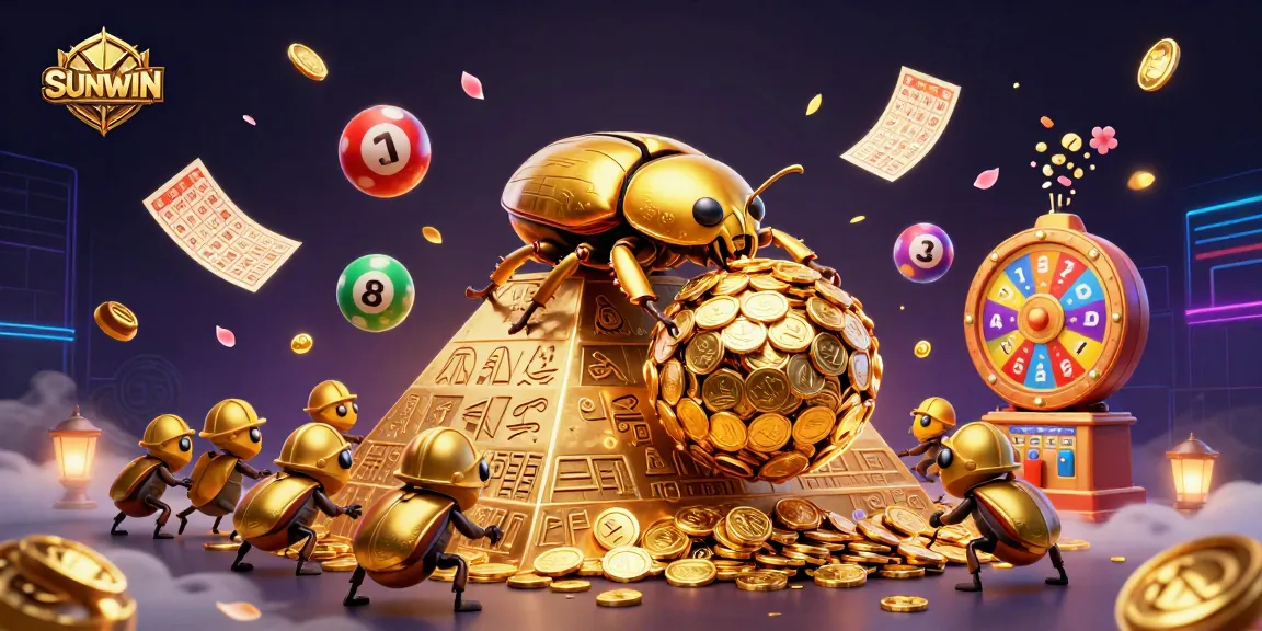 SUNWIN showcases a golden beetle amidst casino symbols, embodying lively gaming excitement.