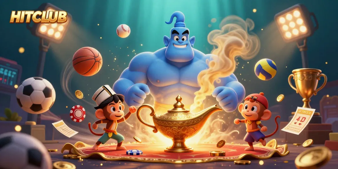 Engage with HITCLUB's vibrant gaming experience as a genie unveils thrilling bets amidst dynamic sports elements.