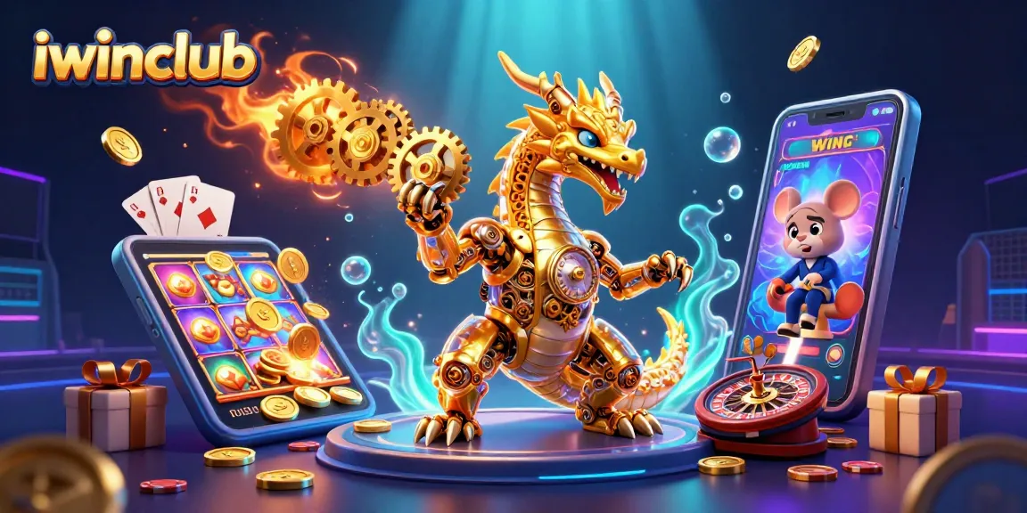 Win big with iwinclub in this vibrant 3D casino illustration showcasing slots and game excitement.