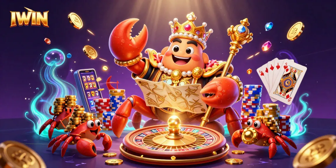 Engage with IWIN’s thrilling casino experience featuring a golden crab emperor and vivid gaming elements.