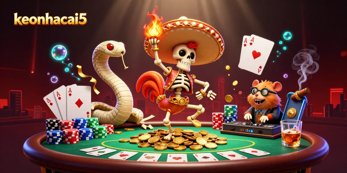 Experience vibrant gaming action with keonhacai5 - a thrilling casino scene featuring characters celebrating and gaming.