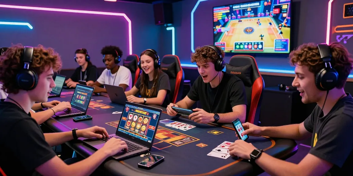 Exciting group of players enjoying Sunwin card games at a modern gaming hub, showcasing the vibrant online gaming atmosphere.