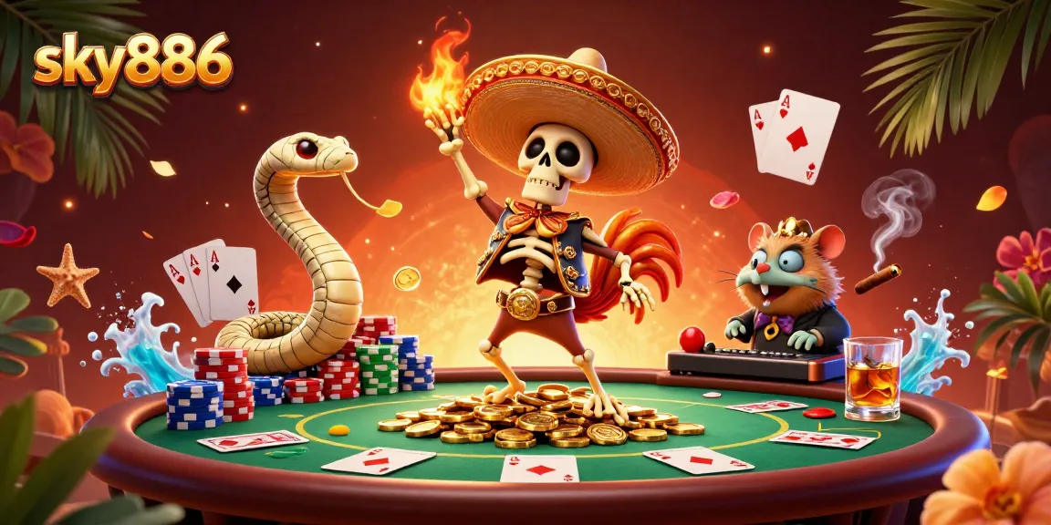 Celebrate wins at sky886 with a lively casino scene featuring colorful poker elements.