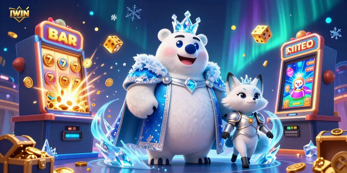 IWIN ignites excitement with a jackpot explosion amidst 3D cartoon characters in a magical casino.