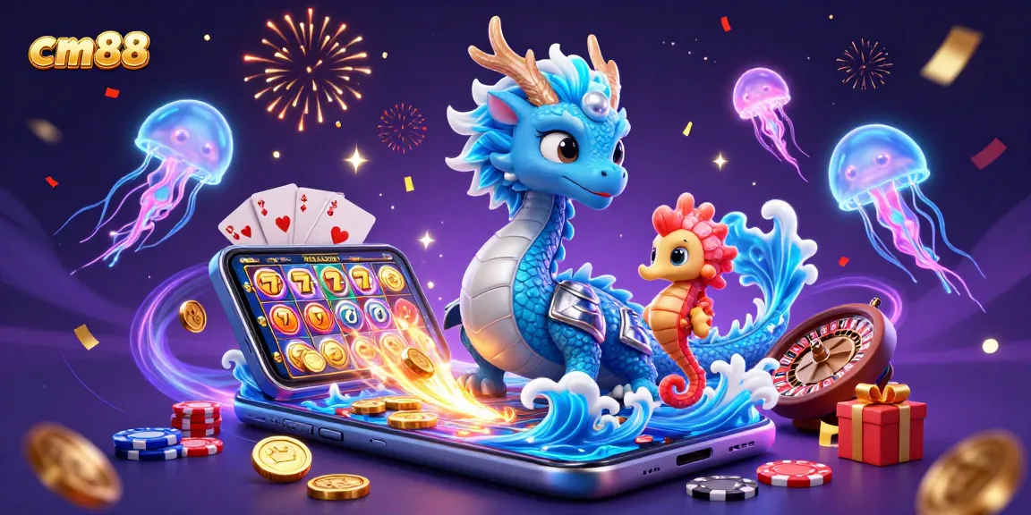 Experience gaming excitement with cm88 featuring a water dragon, seahorse knight, and vibrant casino elements.