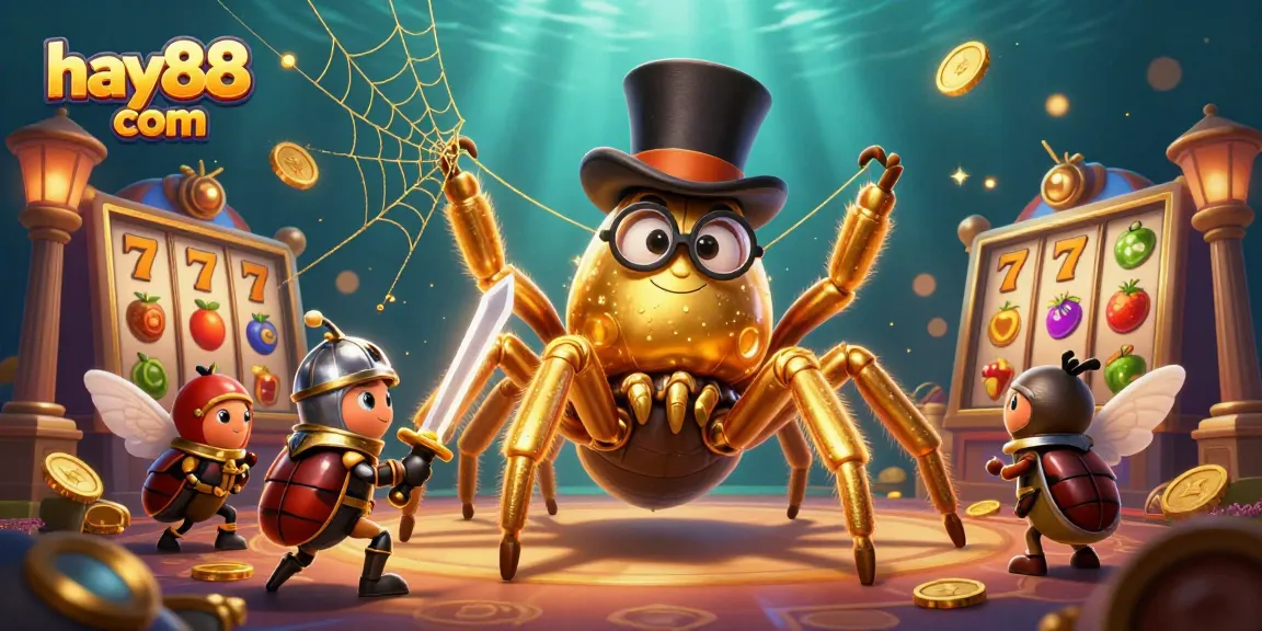 Experience thrilling excitement with hay88 com's captivating promotional illustration featuring a golden tarantula and casino elements.