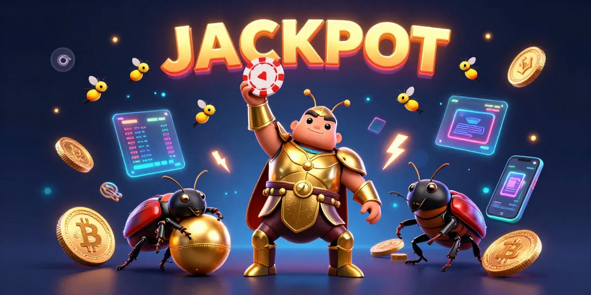 DABET engages players with a victorious beetle character in a vibrant, packed casino scene celebrating a jackpot.