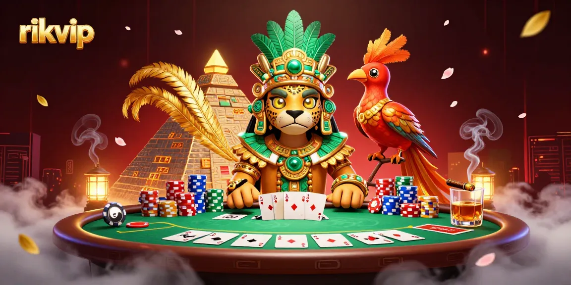 Enjoy thrilling gameplay at rikvip with a vibrant 3D illustration of a Mayan priest and casino elements.