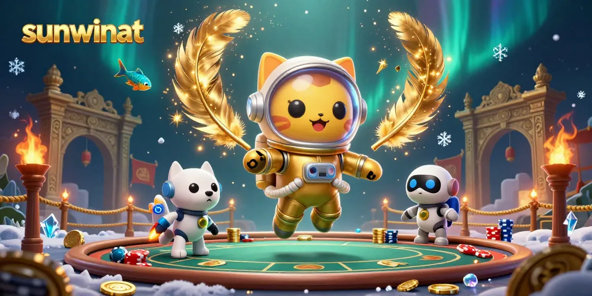 Experience winning strategies with sunwinat's vibrant 3D casino-themed illustration featuring a floating astronaut cat and poker elements.