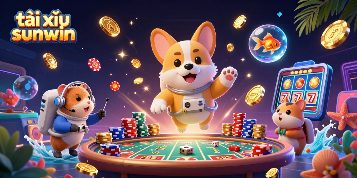 Engage with tài xỉu sunwin magic in a vibrant casino scene featuring a floating corgi and playful elements.