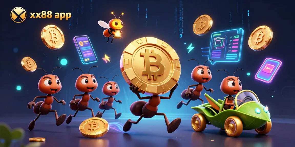 Engage with the xx88 app through this vibrant scene of cartoon ants and crypto treasures.