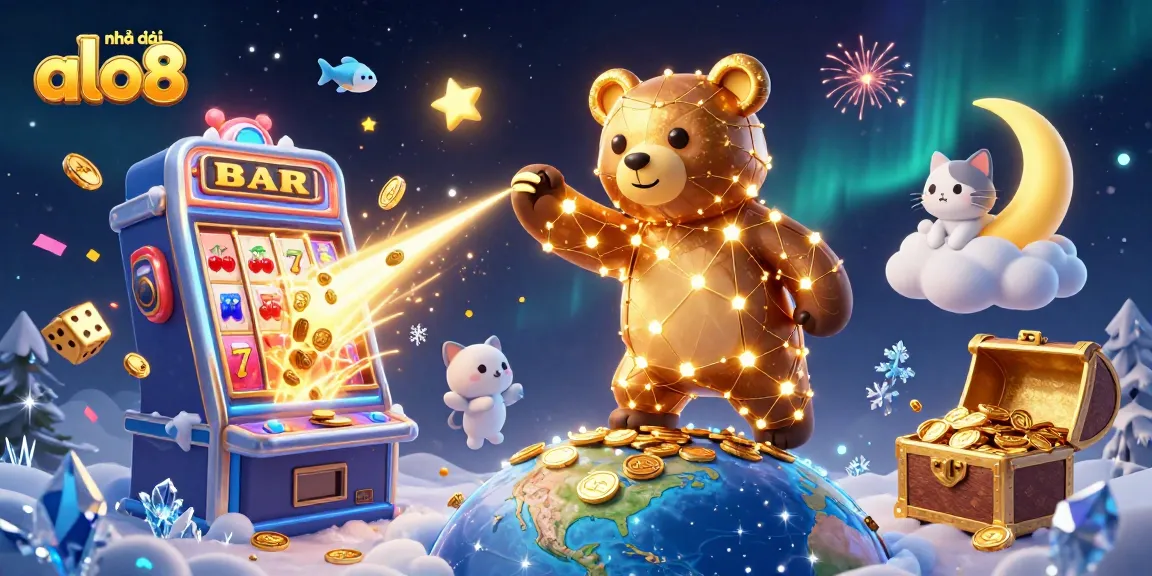 Engage with nhà cái alo8, showcasing a vibrant 3D casino scene bursting with animated game elements and characters.