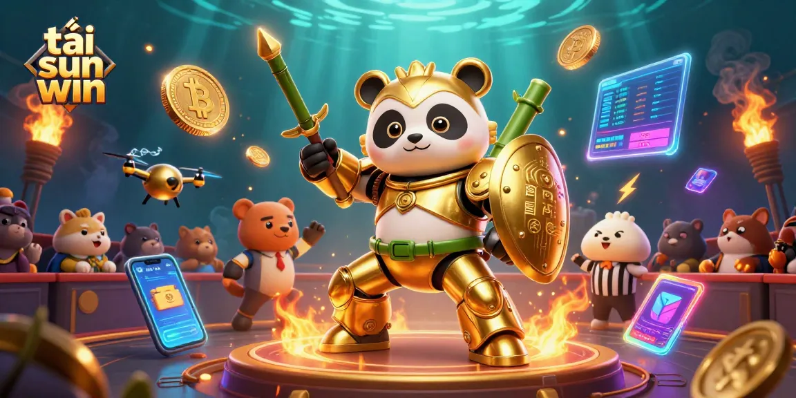 Experience the excitement of tải sun win with a dynamic casino scene featuring a mech-suit panda and crypto elements.