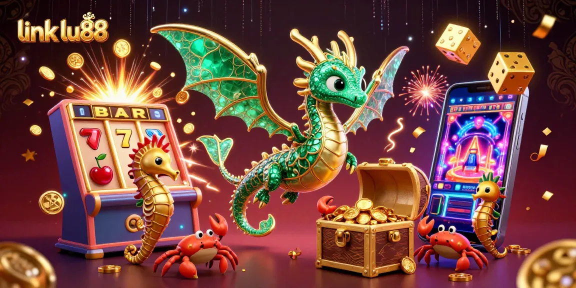Experience the excitement of link lu88 with a vibrant illustration of a dynamic casino scene featuring whimsical characters and gaming elements.