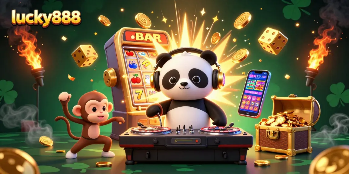 Experience the thrill of lucky888 with a panda DJ and vibrant casino elements in a dynamic 3D scene.