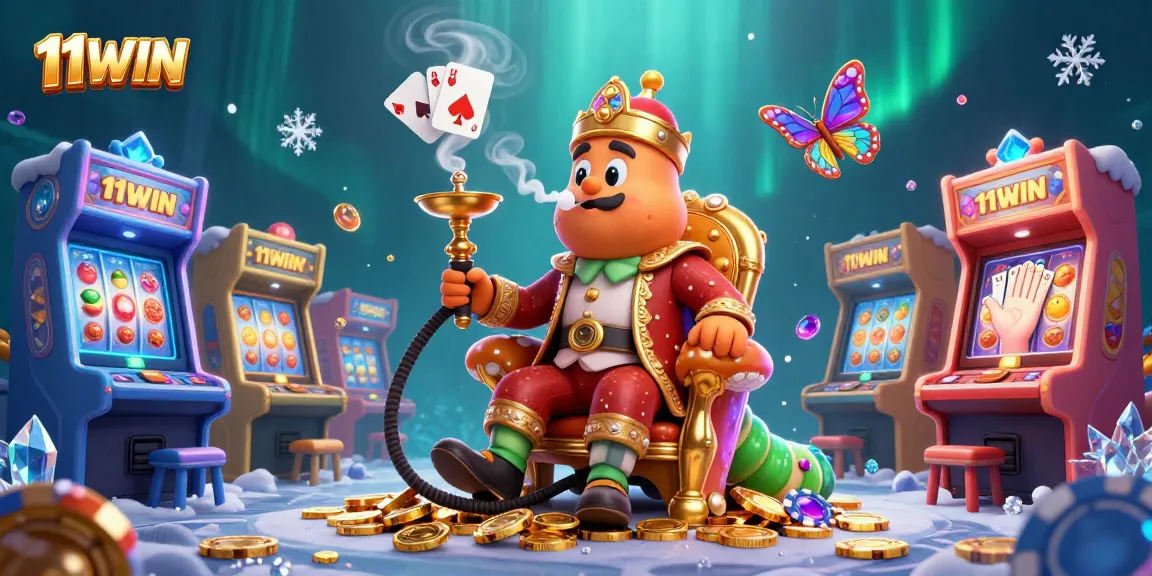 Experience winning hands with 11WIN in this vibrant 3D casino scene filled with poker and gaming elements.