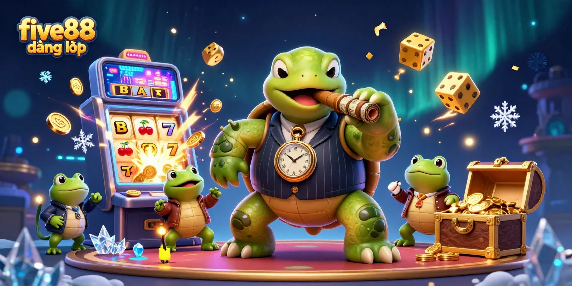 Experience five88 đăng nhập with a vivid casino scene featuring a cartoon turtle and bullfrogs amidst dynamic game elements and lights.