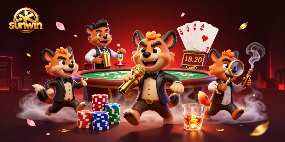 Engaging scene at sunwin casino with hyenas performing comedy, mixing drinks, and checking IDs amidst vibrant casino elements.