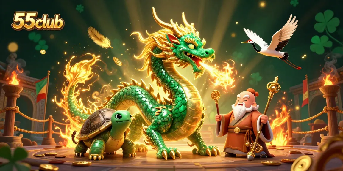 Experience thrilling gameplay with 55club's vibrant illustration featuring a jade dragon and lucky elements.
