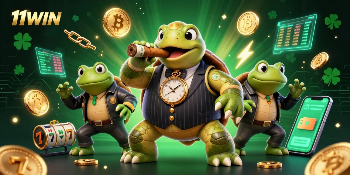 Engage with the thrilling casino scene at 11WIN featuring a cartoon turtle and frog enforcers with crypto elements.