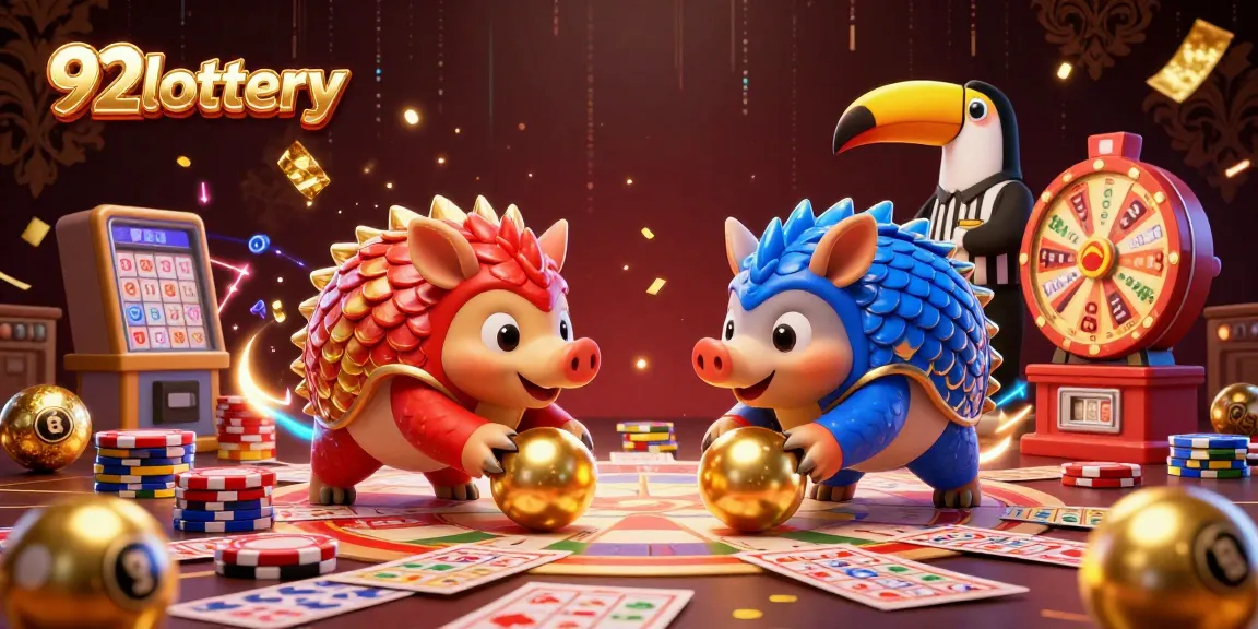 92lottery pangolins competing in a dynamic lottery game scene filled with excitement and vibrant colors