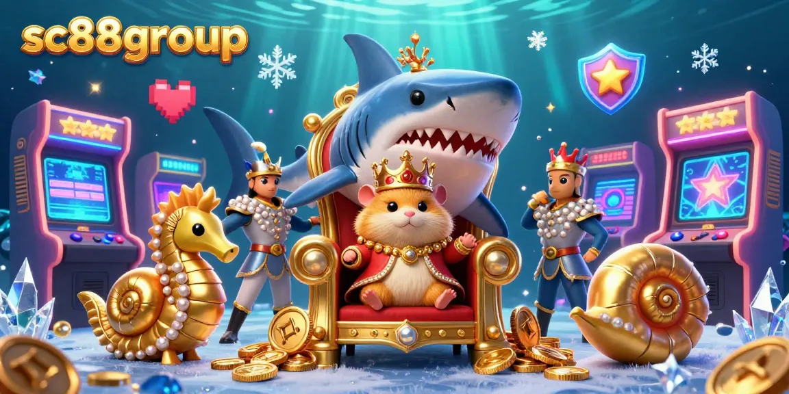 Engage with sc88group's fierce hamster king among a royal undersea casino, featuring vibrant gaming elements.
