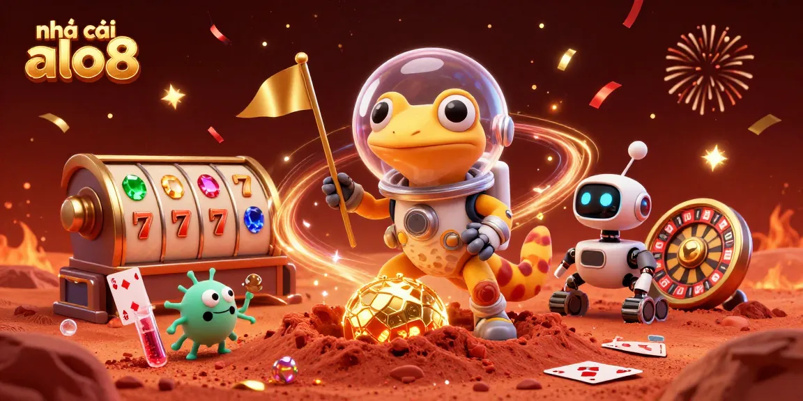 Experience the excitement of nhà cái alo8 with a Martian gecko discovering a lively casino scene amidst golden celebrations.