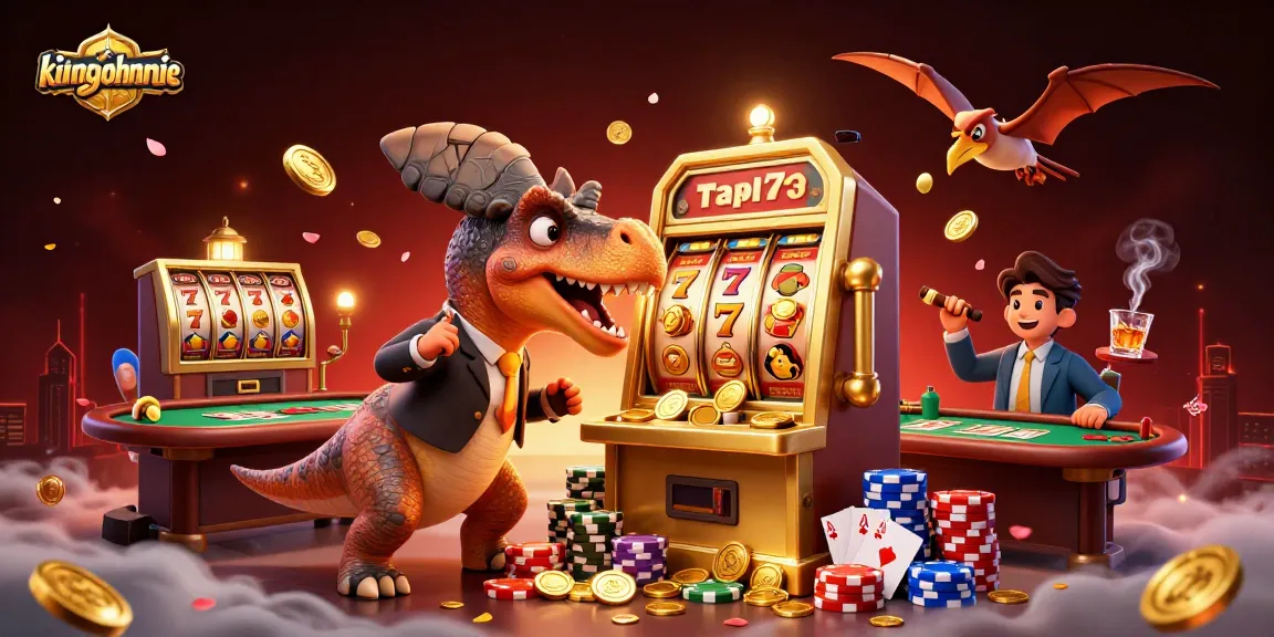 Catch jackpot coins with kingjohnnie characters in this vibrant casino scene, featuring classic slots.