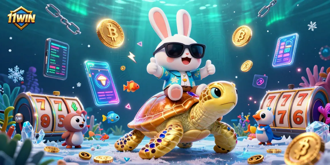 Winning big at 11WIN with a lucky rabbit and golden sea turtle featuring vibrant casino elements.