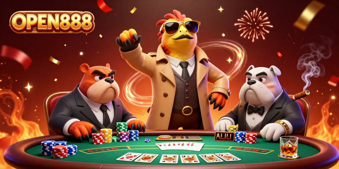 Engage with OPEN888 as raptors hilariously attempt VIP entry to a casino scene packed with poker excitement.