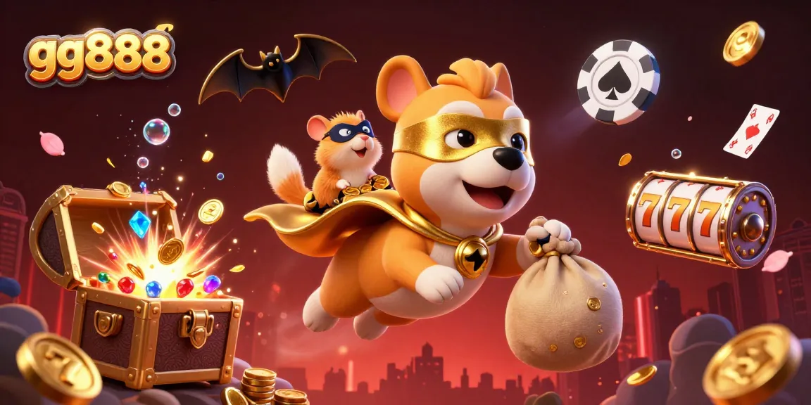 Experience vibrant wins with gg888 in a dynamic casino scene featuring a superhero dog and exciting game elements.