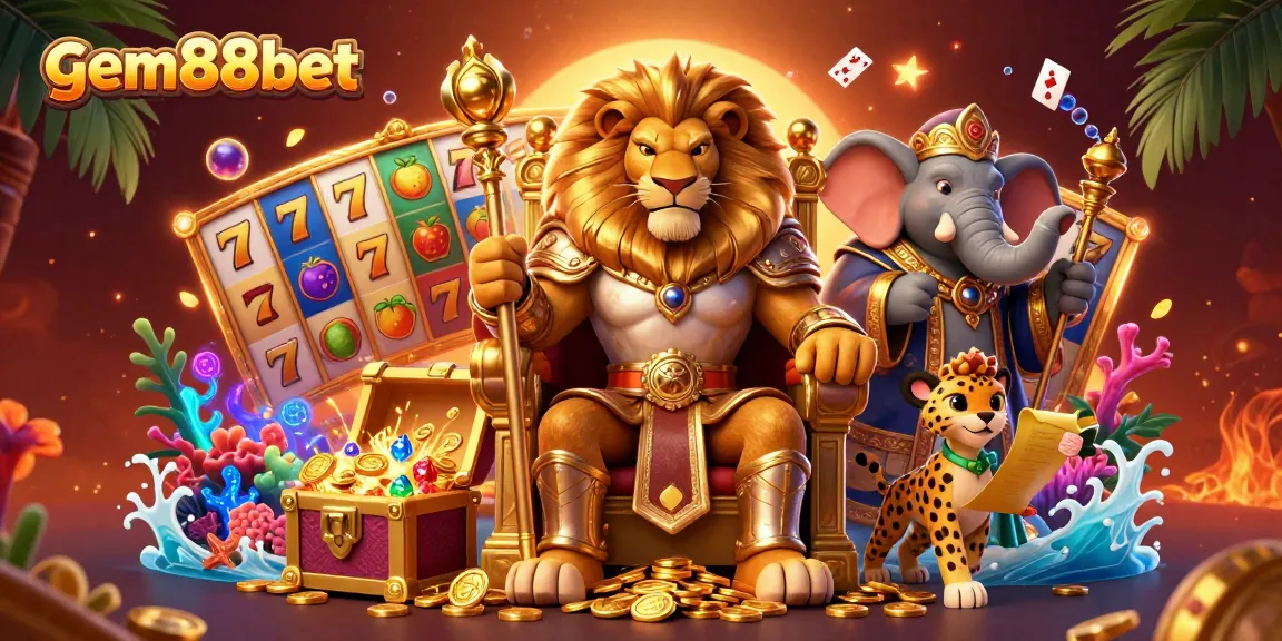 Experience gem88bet's vibrant casino energy with a lion king sitting on gold coins, showcasing thrilling slot elements.