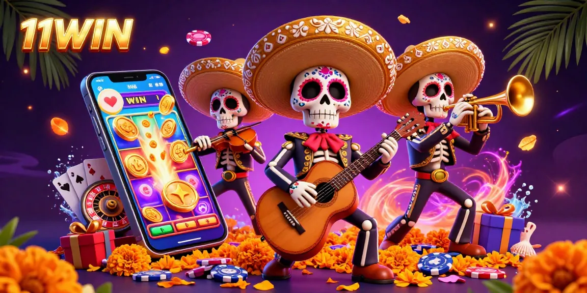 Engage in winning strategies at 11WIN with a lively mariachi band surrounded by colorful casino game elements.